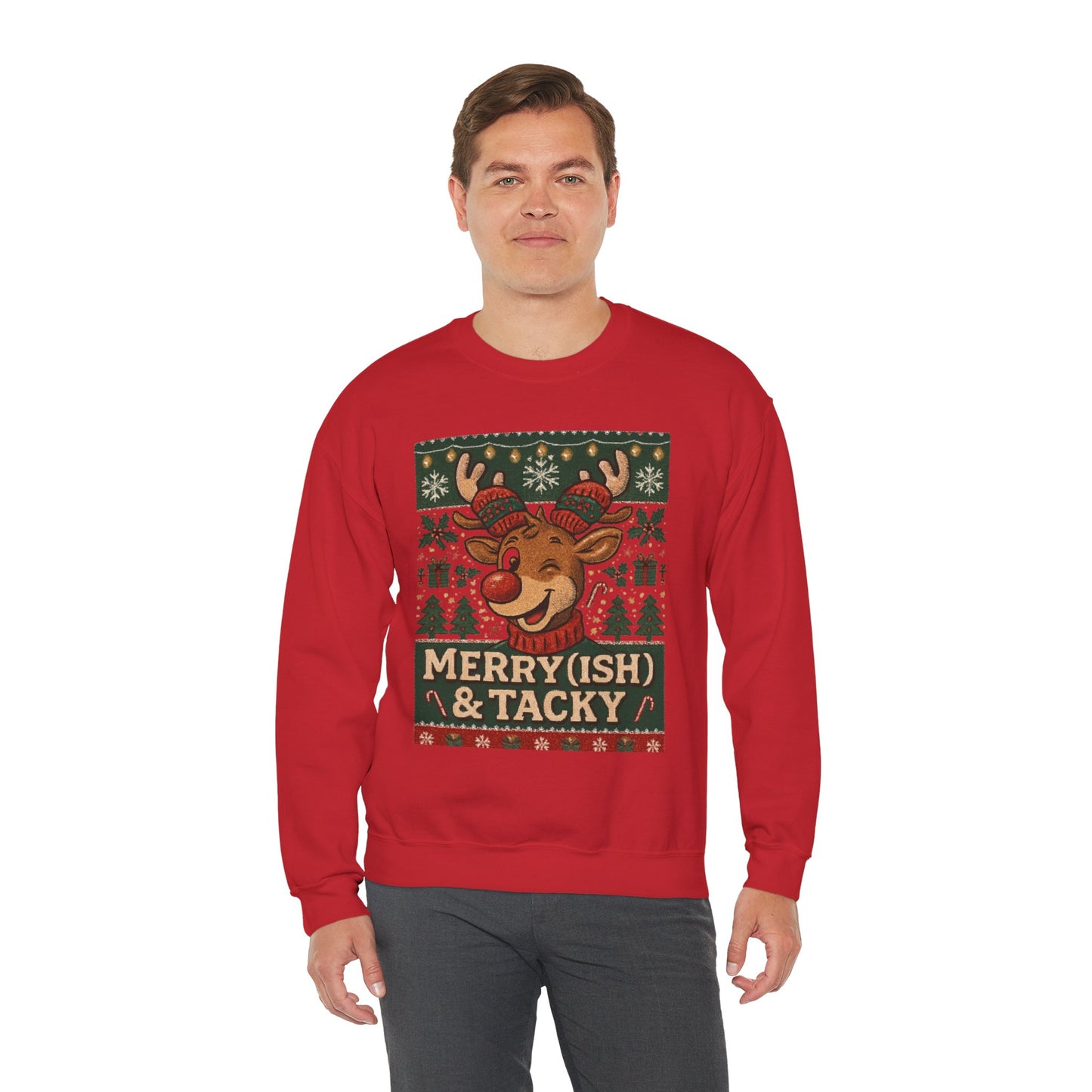 Merry(ish) & Tacky Sweatshirt - Unisex Holiday Crewneck, Christmas Sweater, Ugly Sweater Party, Cozy Gift, Festive Apparel