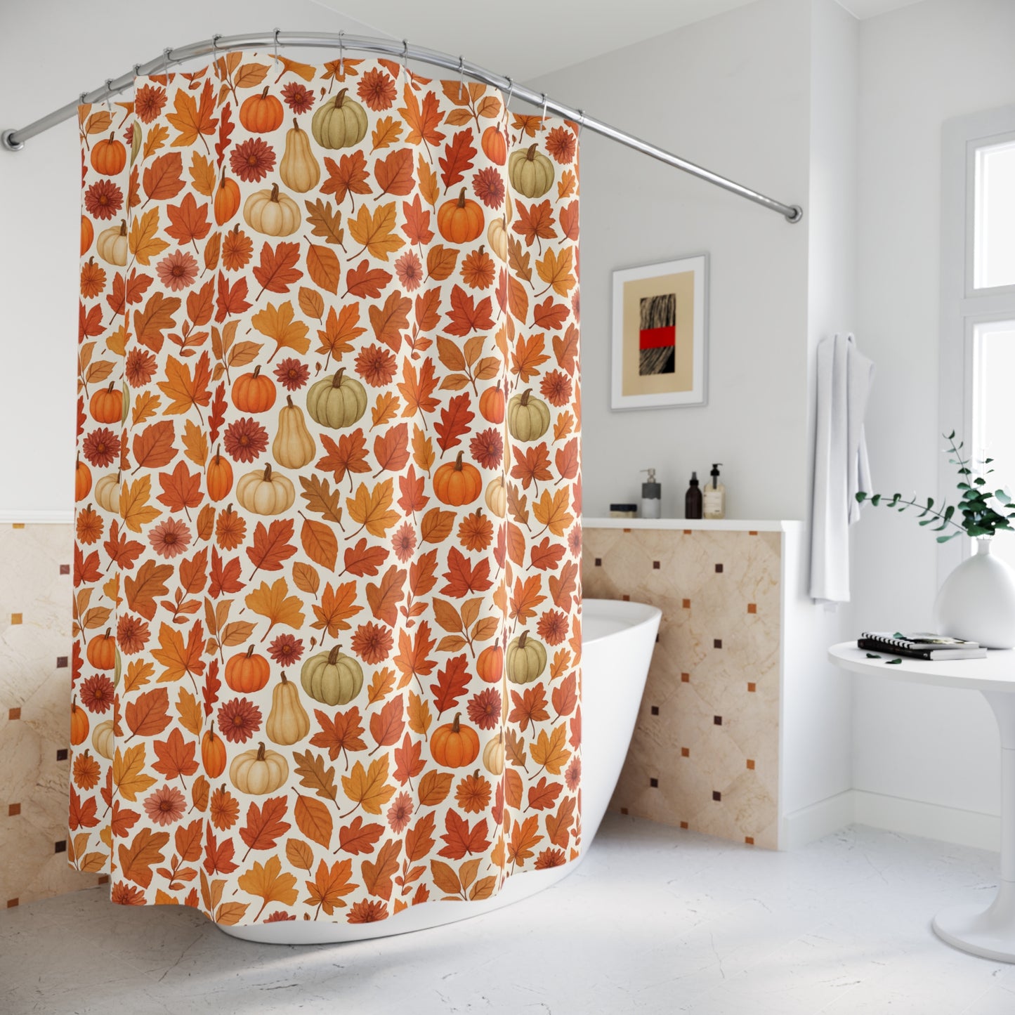 Fall Harvest Shower Curtain, Autumn Decor, Pumpkin Leaf Print, Seasonal Bathroom, Thanksgiving Vibes, Cozy Home Accent