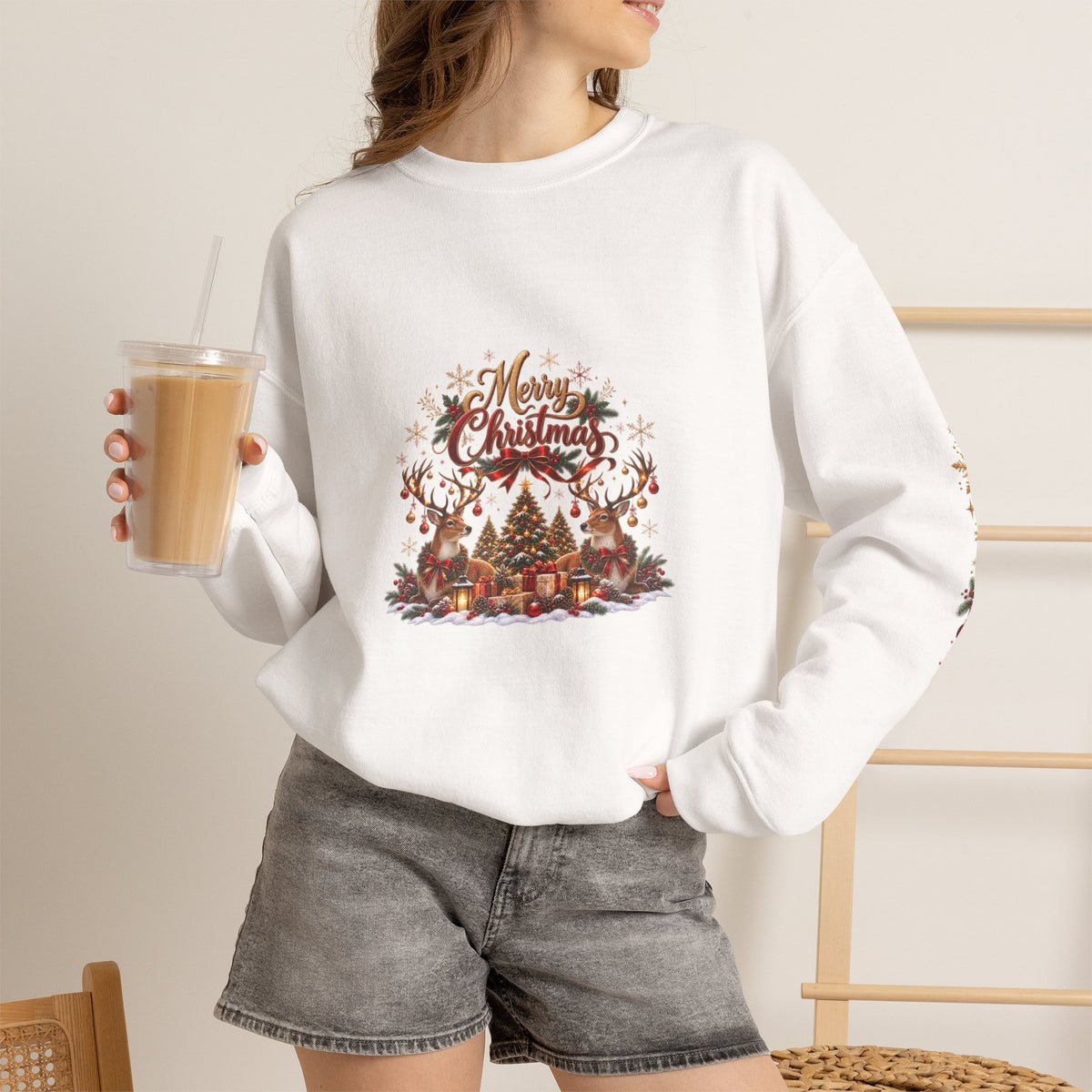 Merry Christmas Reindeer & Christmas Tree Sweatshirt – Festive Holiday Crewneck with Decorative Sleeves