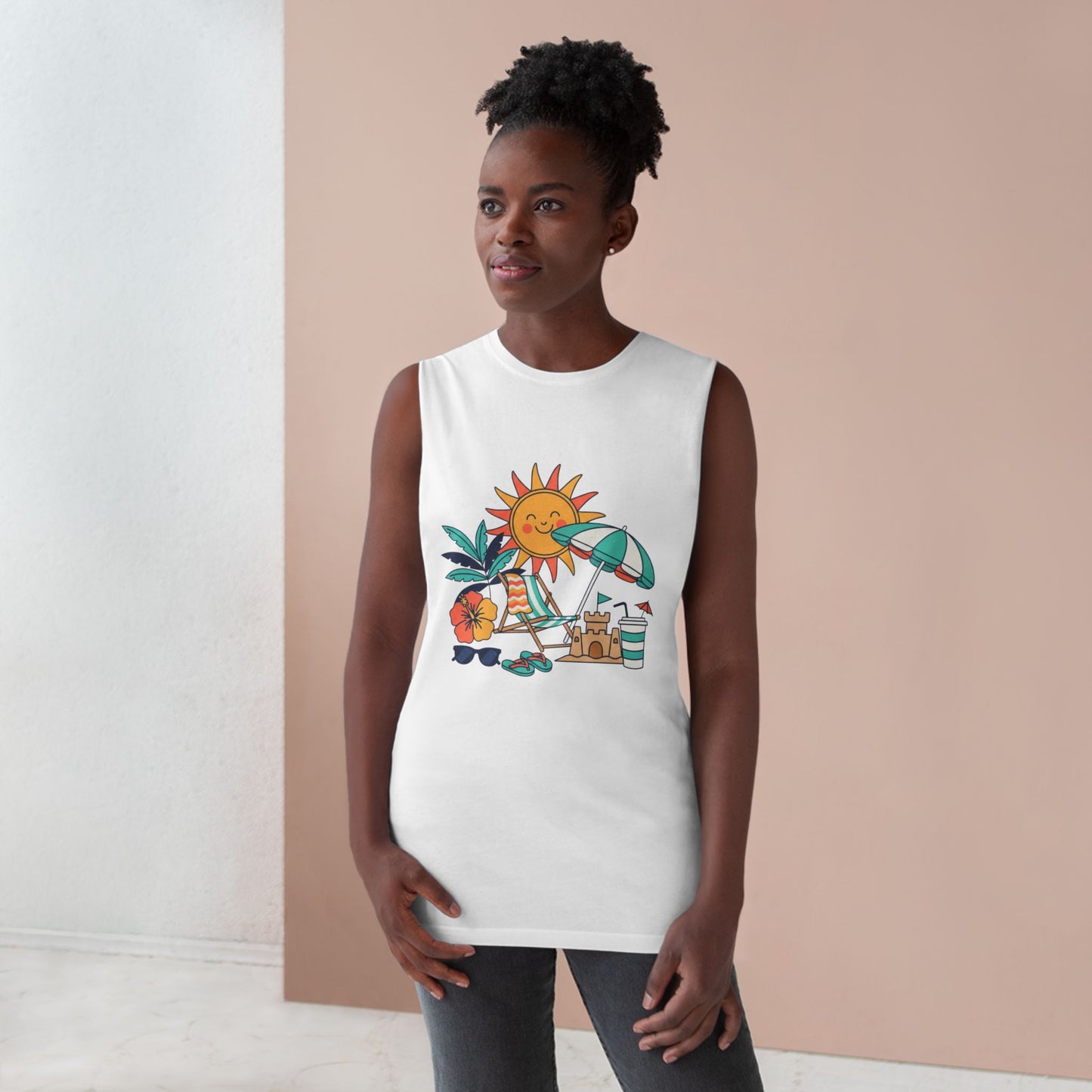 Beach Vibes Tank Top — Sunny Sun, Umbrella & Sandcastle Graphic Summer Tank