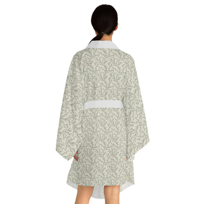 Botanical Print Kimono Robe — Light Green Floral Lounge Wrap