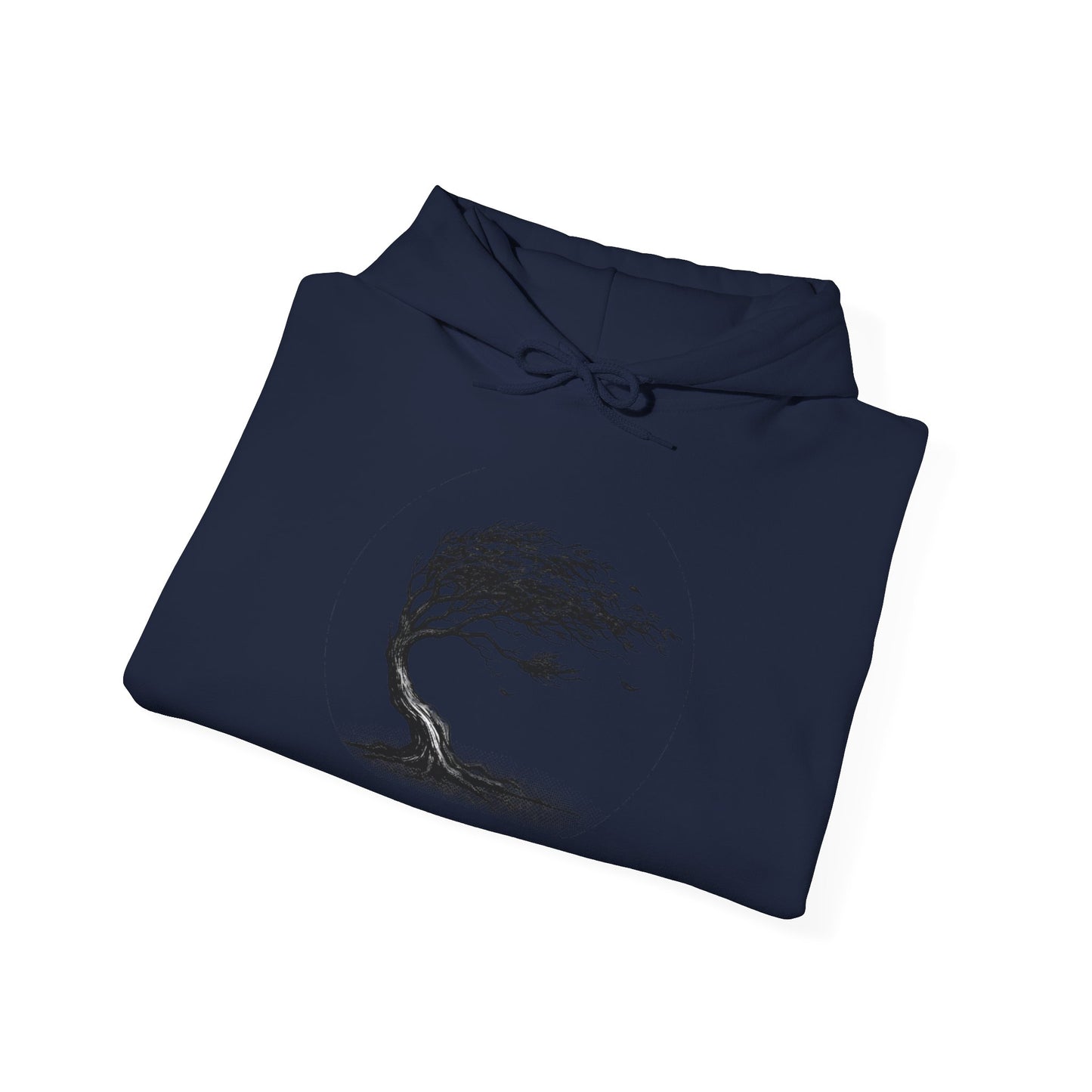 Windswept Tree Hoodie – Minimal Black Ink Nature Pullover