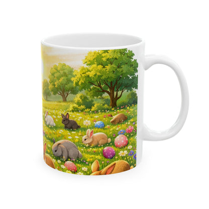 Easter Bunny Meadow Ceramic Mug — Spring Sunrise Rabbits & Colorful Eggs (11oz/15oz)