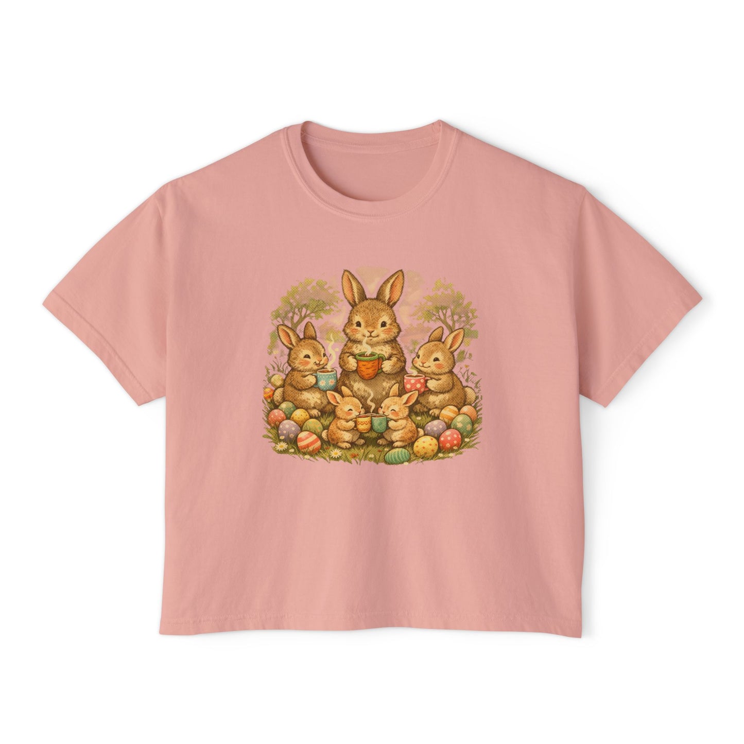 Easter Bunny Family Women's Boxy Tee — Cute Vintage Rabbits & Easter Eggs