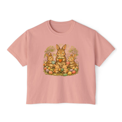 Easter Bunny Family Women's Boxy Tee — Cute Vintage Rabbits & Easter Eggs
