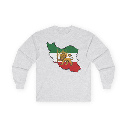 Iran Map Long Sleeve Tee with Lion & Sun Flag — Persian Heritage Shirt