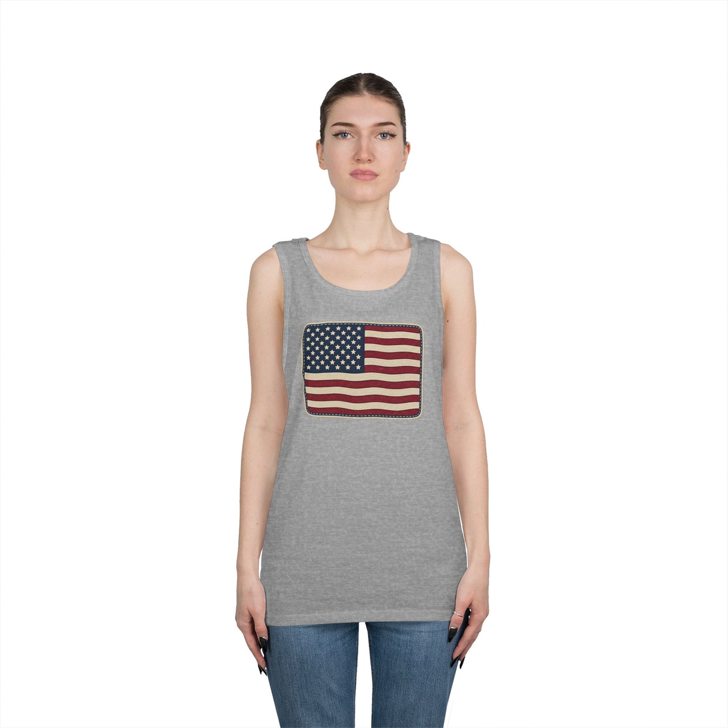 American Flag Tank Top — Vintage USA Patch "Made in USA" Sleeveless Tee
