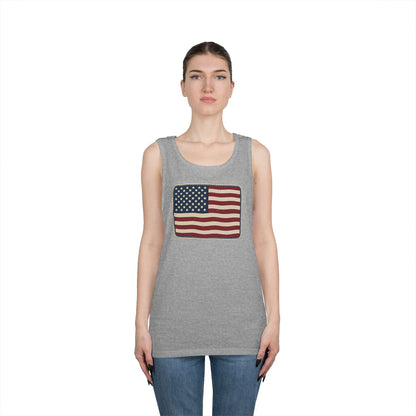 American Flag Tank Top — Vintage USA Patch "Made in USA" Sleeveless Tee