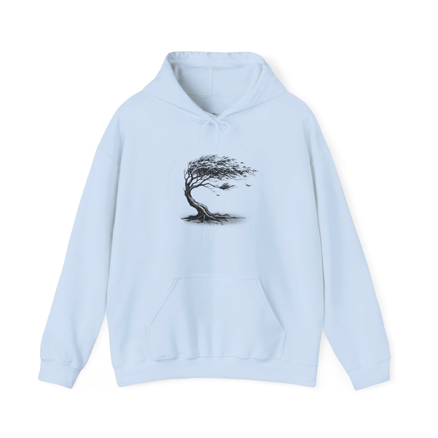 Windswept Tree Hoodie – Minimal Black Ink Nature Pullover