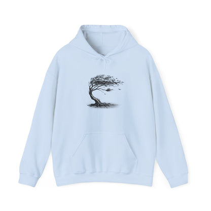 Windswept Tree Hoodie – Minimal Black Ink Nature Pullover