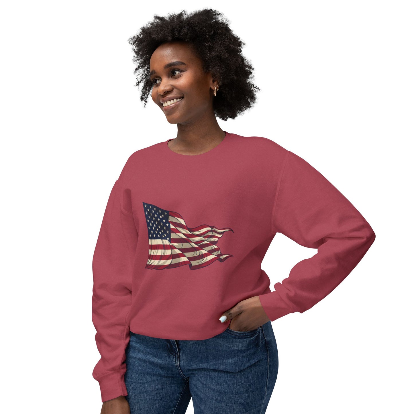 American Flag Crewneck Sweatshirt — Vintage Waving USA Graphic