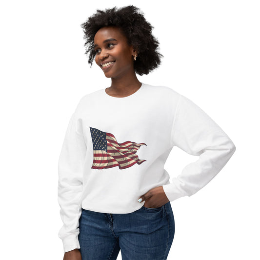 American Flag Crewneck Sweatshirt — Vintage Waving USA Graphic