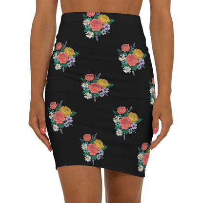 Floral Bouquet Pencil Skirt — Black Mid‑Waist Floral Print