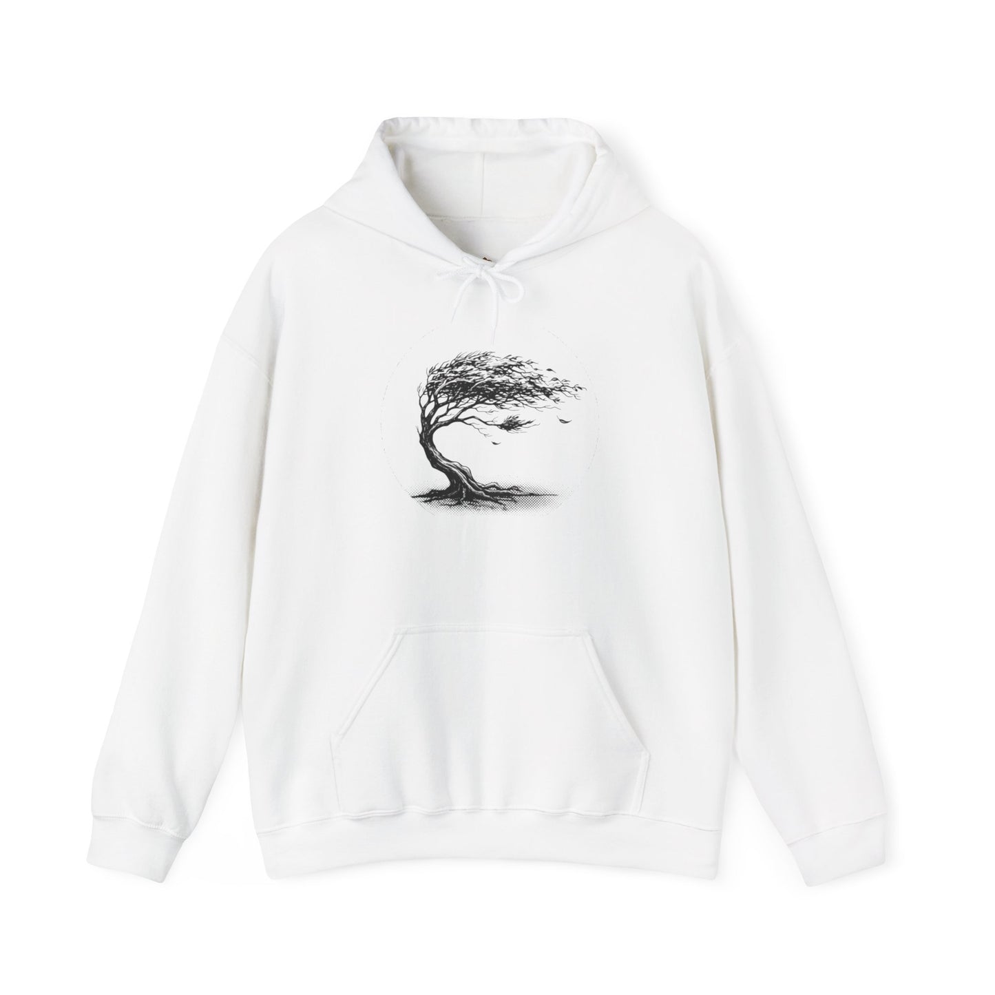 Windswept Tree Hoodie – Minimal Black Ink Nature Pullover