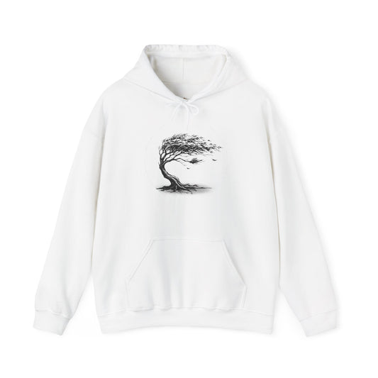 Windswept Tree Hoodie – Minimal Black Ink Nature Pullover