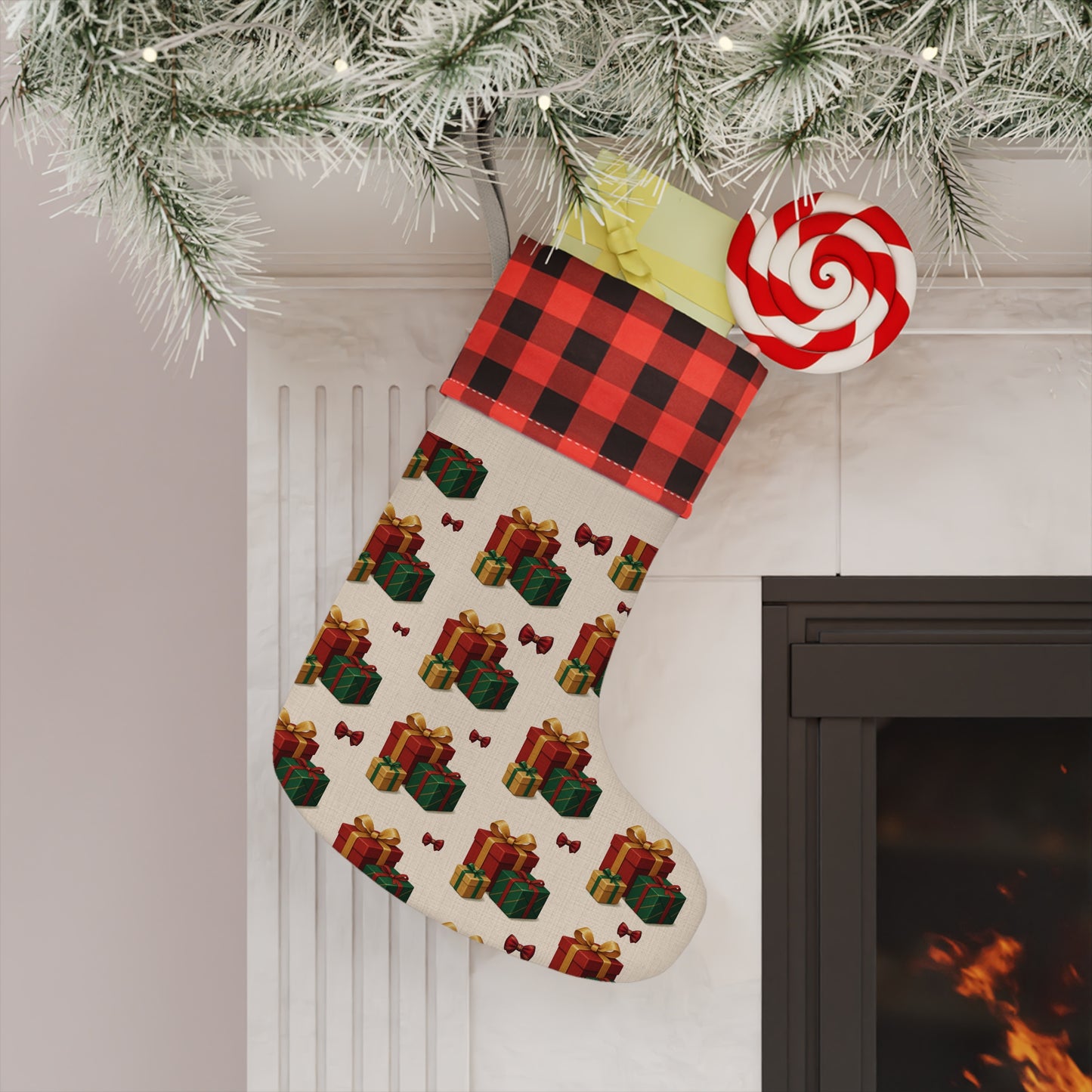 Festive Christmas Stocking, Holiday Gift Holder, Red Buffalo Plaid Decoration, Personalized Xmas Stocking, Cozy Home Accent