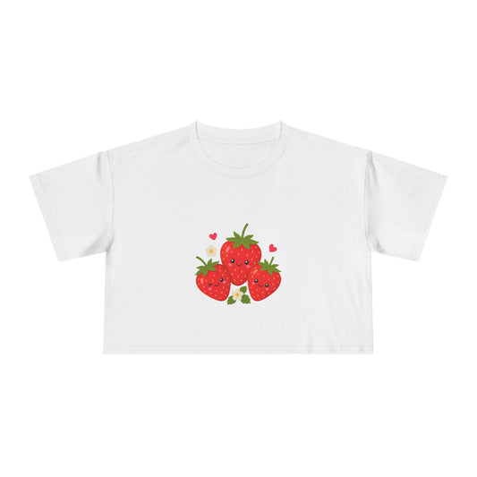 Strawberry Trio Women's Crop Tee — Cute Fruit Graphic Summer Top