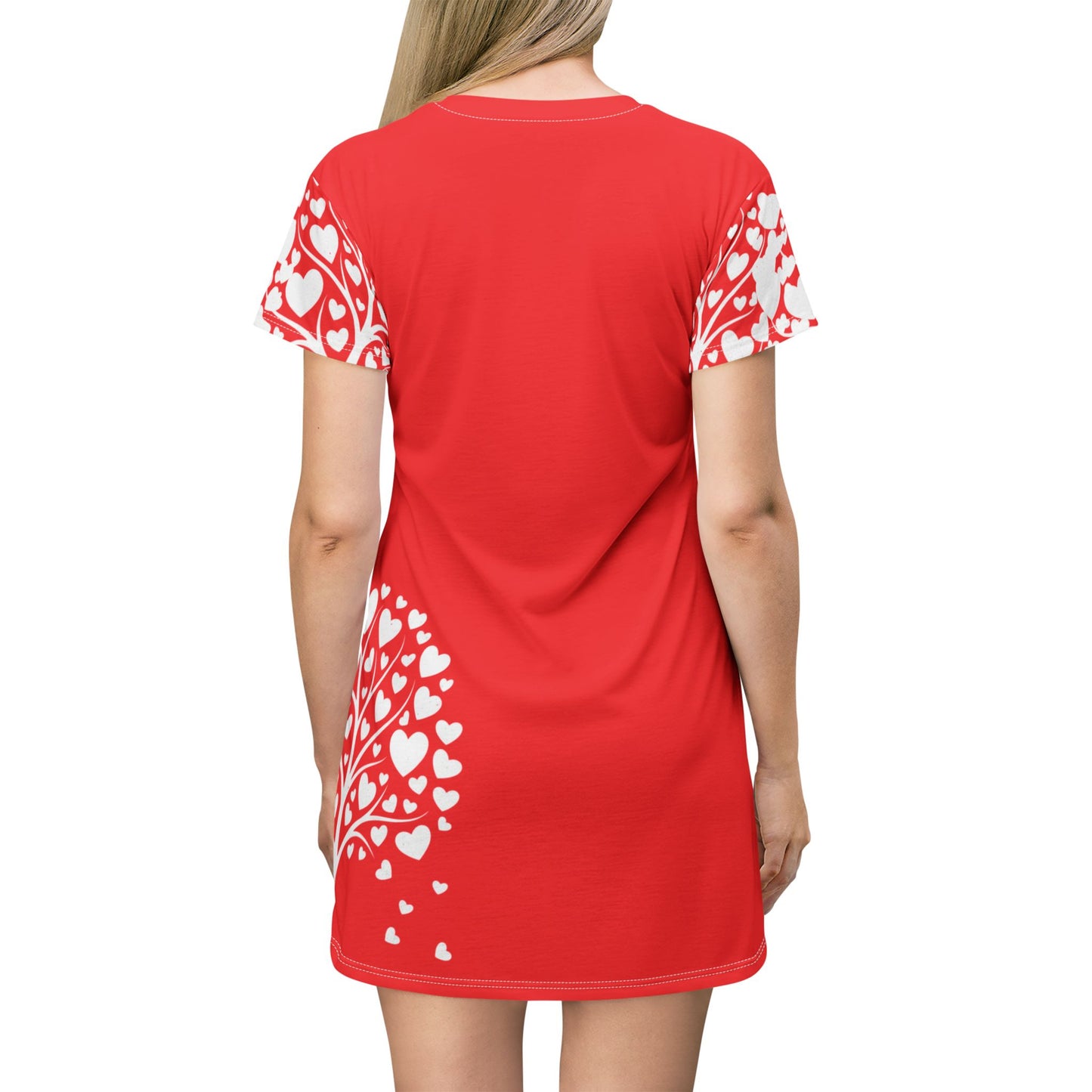 Heart Tree Dress - Red All-Over Print T-Shirt Dress for Valentine's & Casual Wear