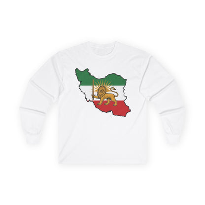 Iran Map Long Sleeve Tee with Lion & Sun Flag — Persian Heritage Shirt