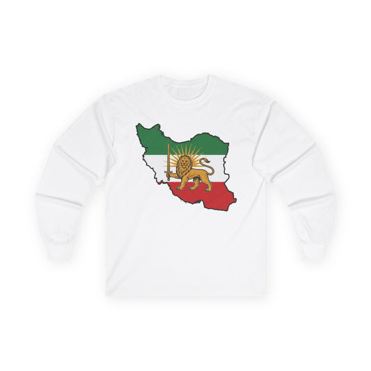 Iran Map Long Sleeve Tee with Lion & Sun Flag — Persian Heritage Shirt