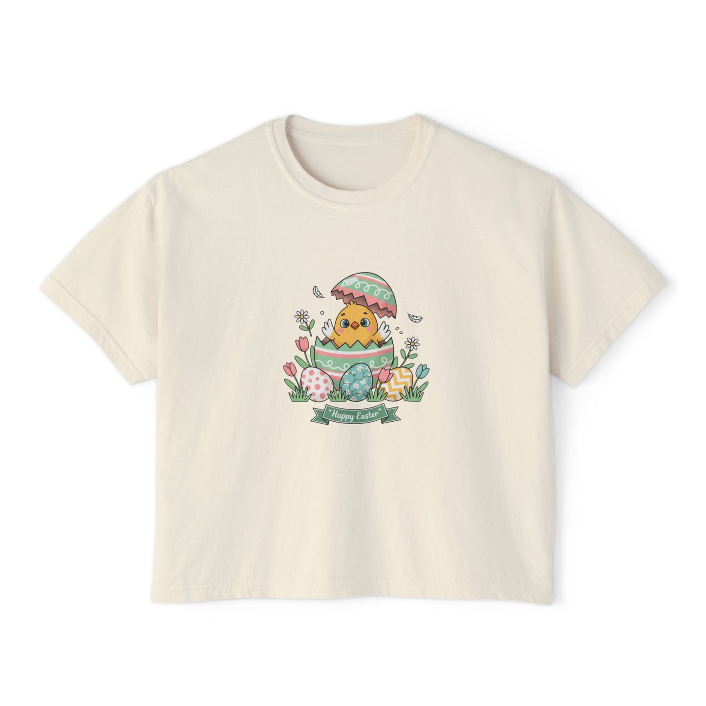 Easter Chick Boxy Tee — Cute Hatching Chick Graphic Women's Crop T-Shirt
