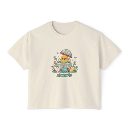 Easter Chick Boxy Tee — Cute Hatching Chick Graphic Women's Crop T-Shirt