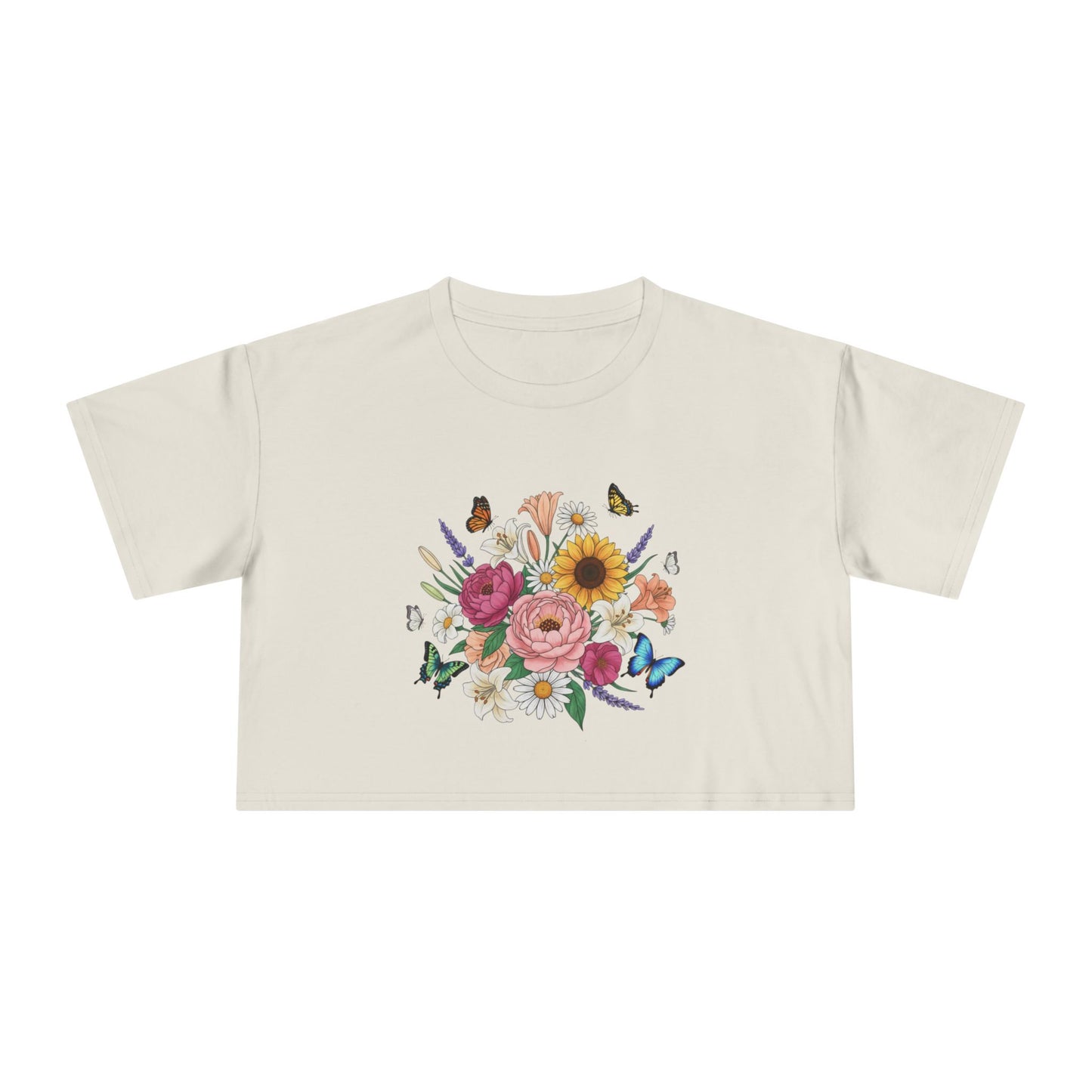 Floral Bouquet Crop Tee — Sunflower & Butterfly Garden Top