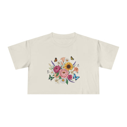 Floral Bouquet Crop Tee — Sunflower & Butterfly Garden Top