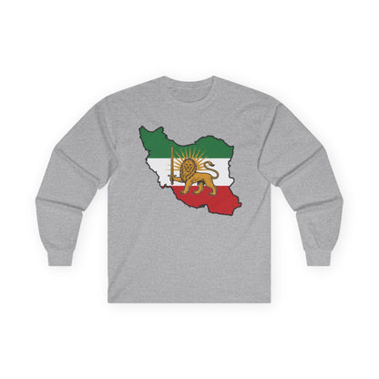 Iran Map Long Sleeve Tee with Lion & Sun Flag — Persian Heritage Shirt