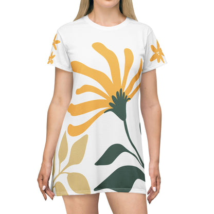 Floral A-Line T-Shirt Dress — Yellow Daisy All-Over Print