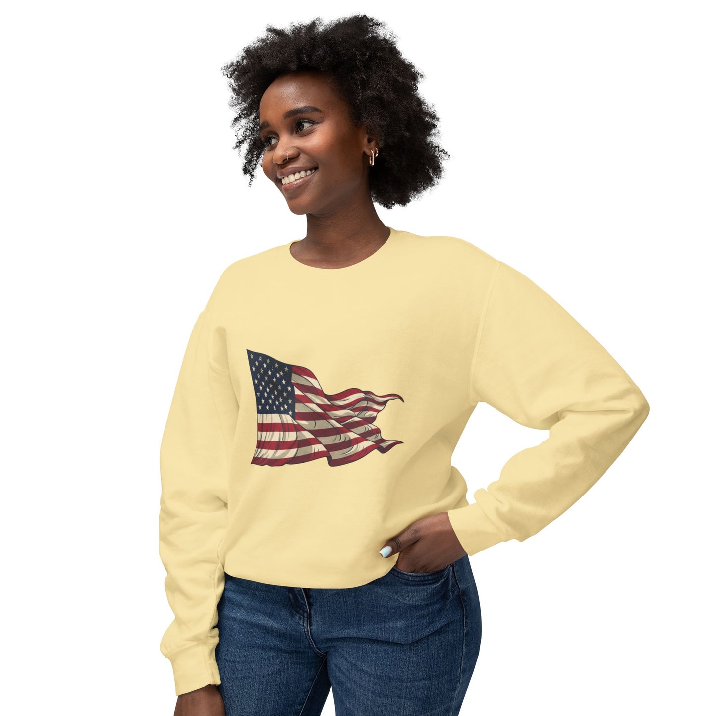 American Flag Crewneck Sweatshirt — Vintage Waving USA Graphic