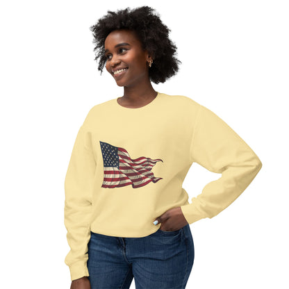 American Flag Crewneck Sweatshirt — Vintage Waving USA Graphic