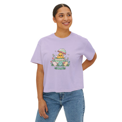 Easter Chick Boxy Tee — Cute Hatching Chick Graphic Women's Crop T-Shirt