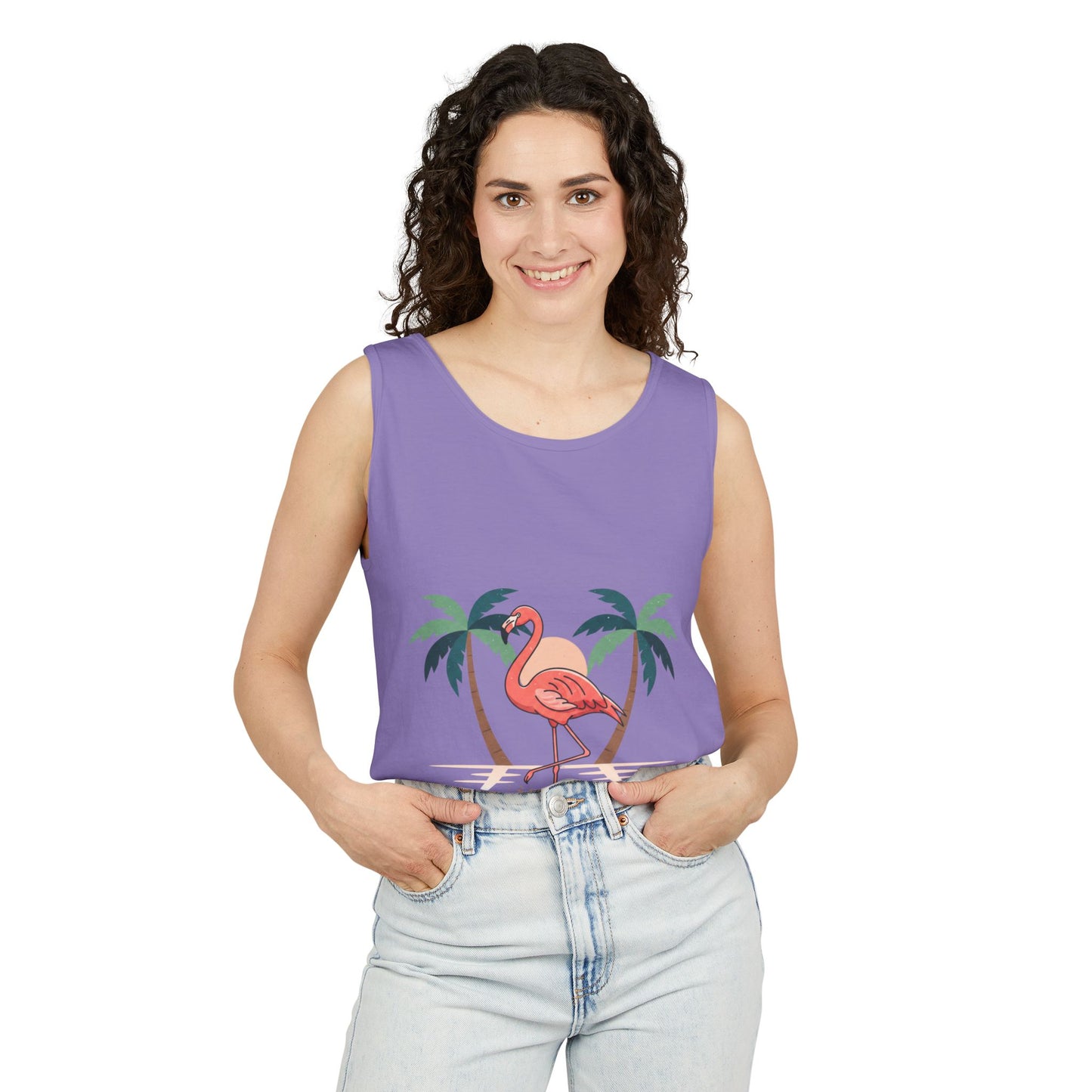 Flamingo Beach Tank Top — Tropical Palm Vacation Graphic Tank