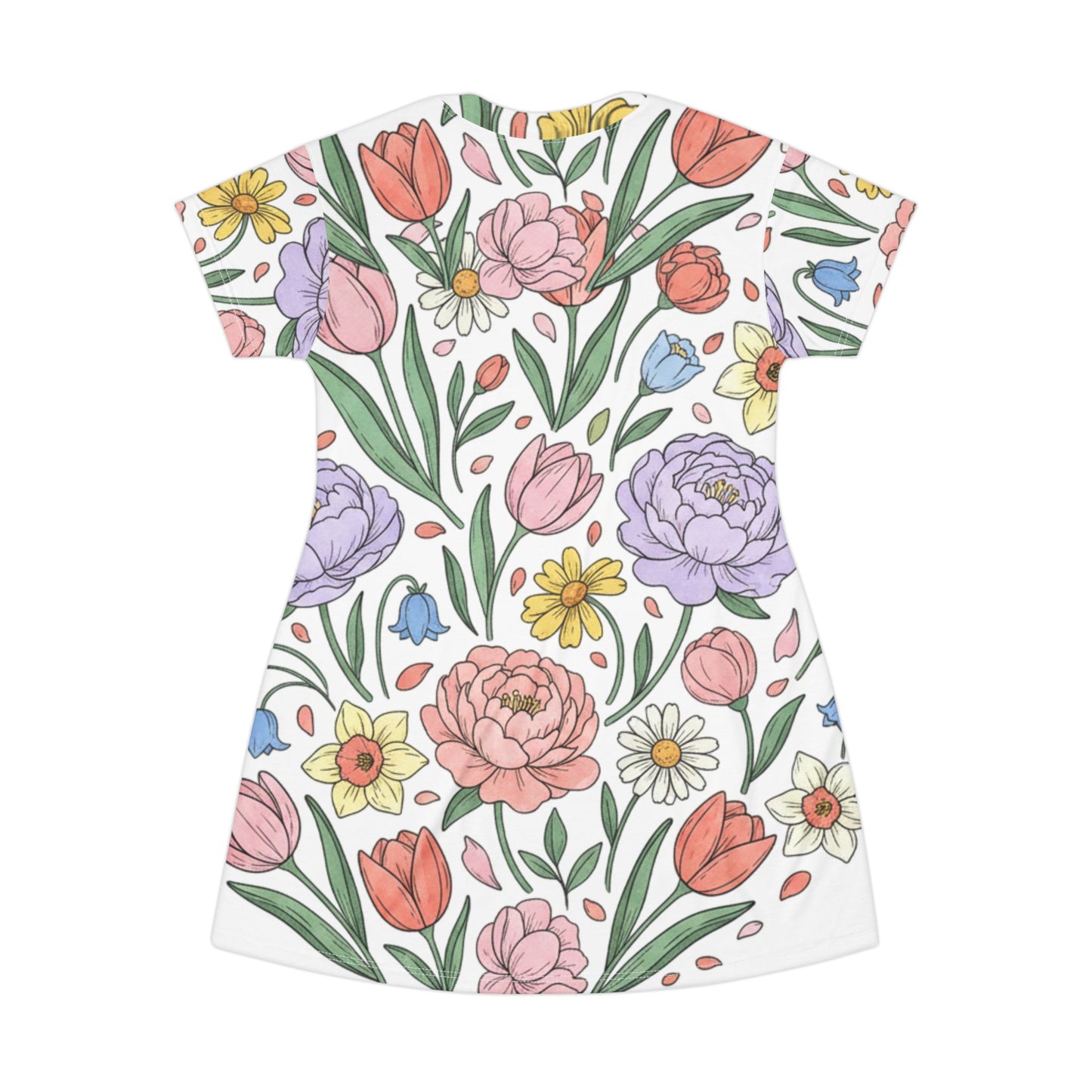 Floral All-Over Print T-Shirt Dress — Pastel Spring Garden Pattern