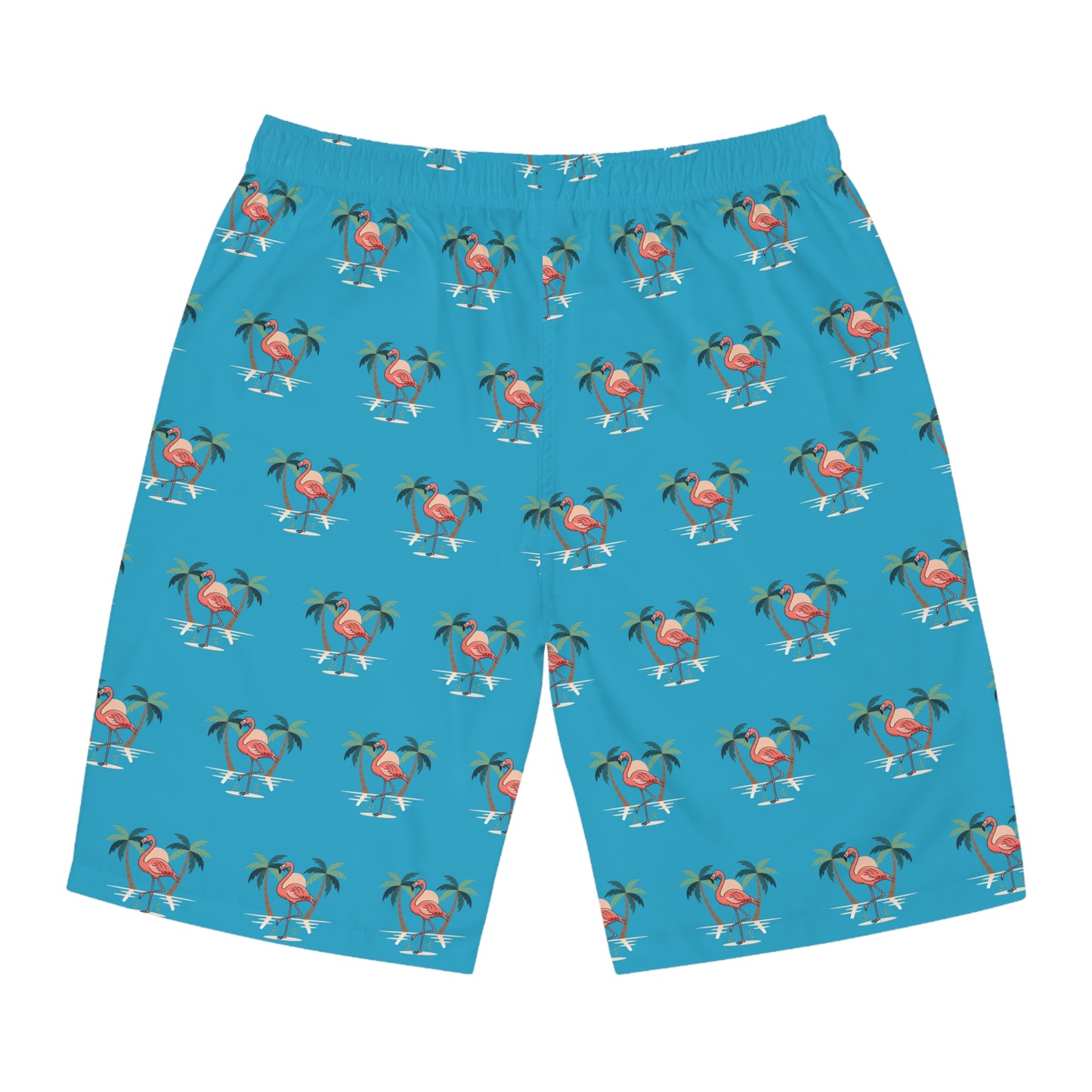 Board Shorts — Tropical Flamingo Palm Swim Trunks
