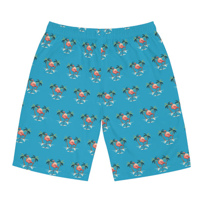 Board Shorts — Tropical Flamingo Palm Swim Trunks