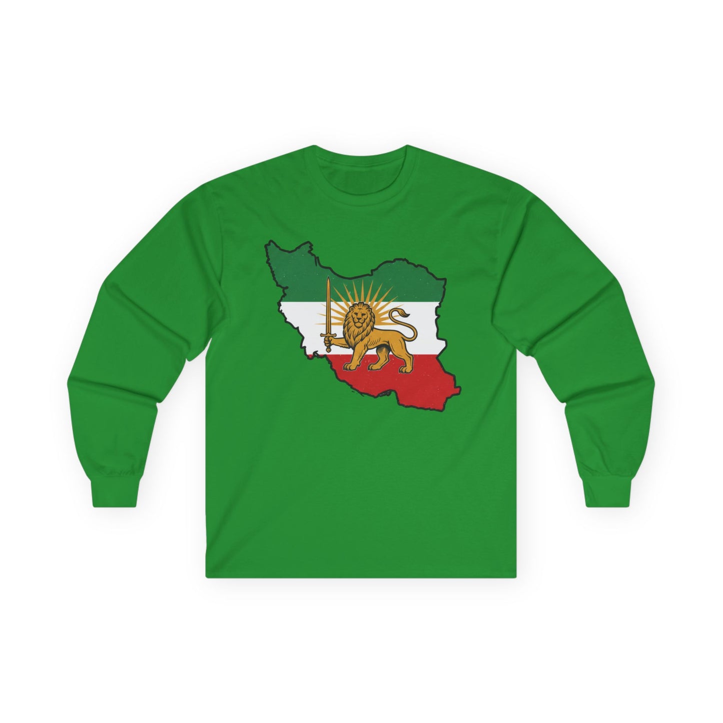 Iran Map Long Sleeve Tee with Lion & Sun Flag — Persian Heritage Shirt