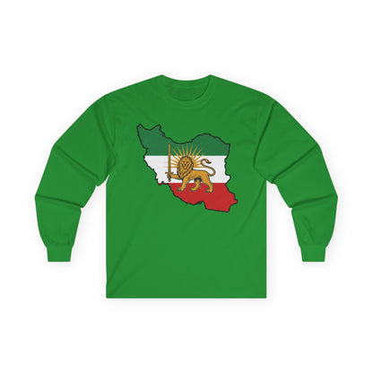 Iran Map Long Sleeve Tee with Lion & Sun Flag — Persian Heritage Shirt