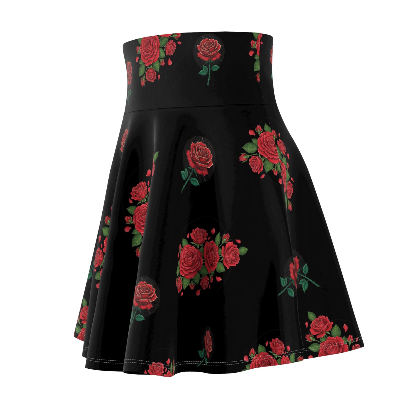Black Rose Skater Skirt — Floral High-Waist AOP