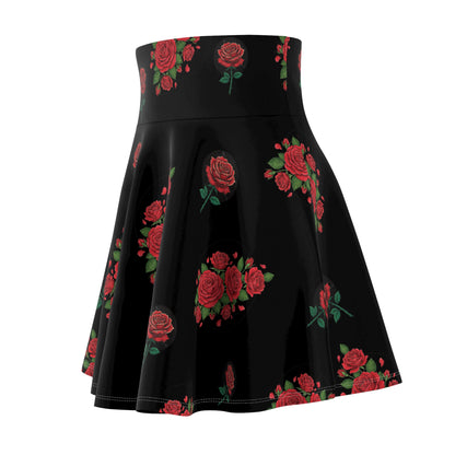 Black Rose Skater Skirt — Floral High-Waist AOP