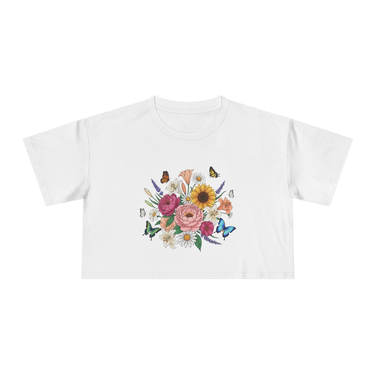 Floral Bouquet Crop Tee — Sunflower & Butterfly Garden Top
