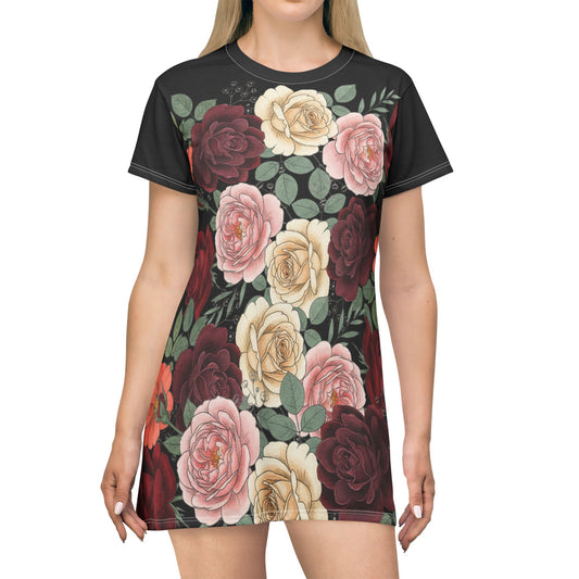Floral Rose All-Over Print T-Shirt Dress — Vintage Garden Bouquet