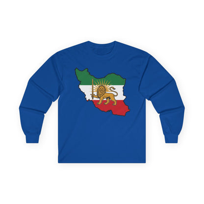 Iran Map Long Sleeve Tee with Lion & Sun Flag — Persian Heritage Shirt
