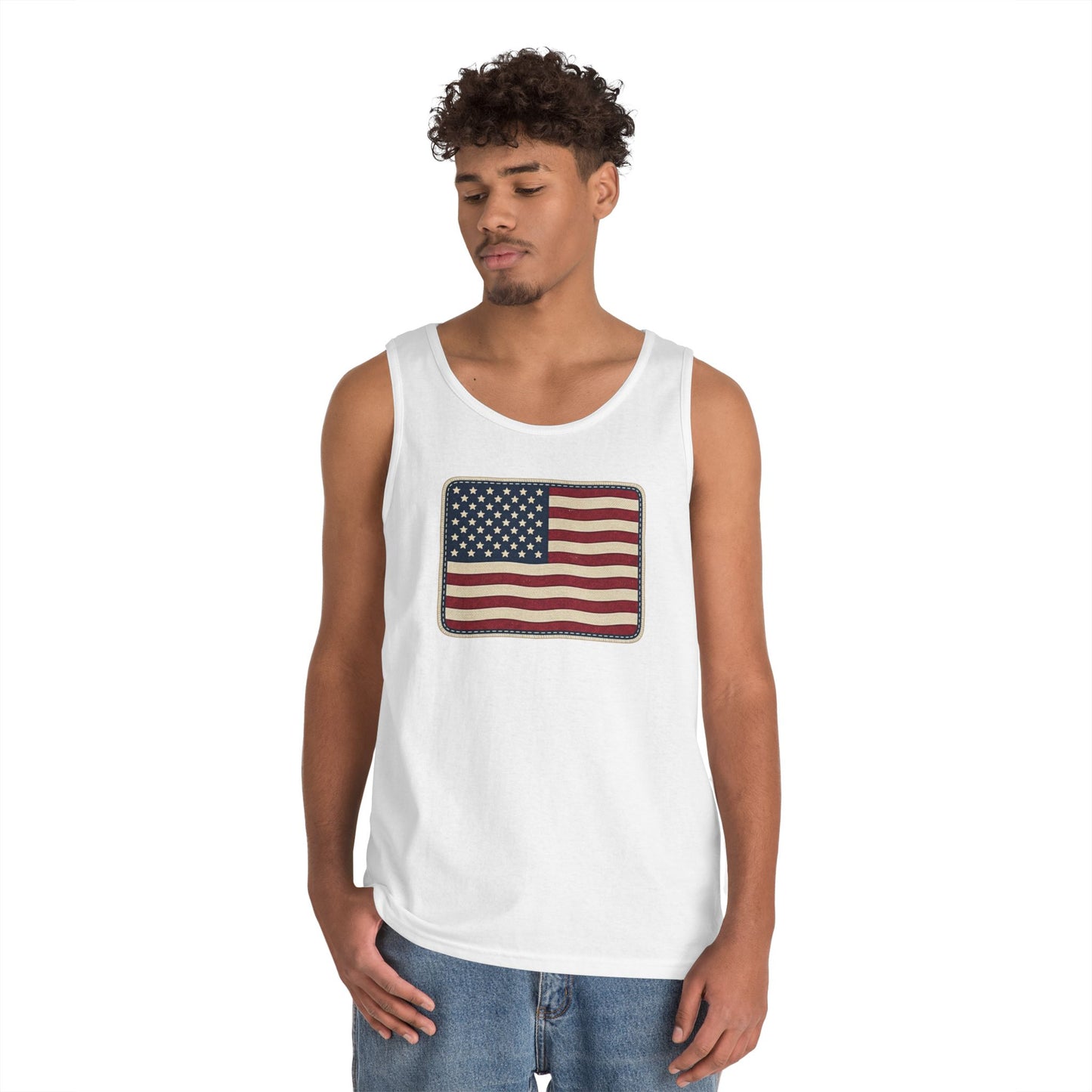 American Flag Tank Top — Vintage USA Patch "Made in USA" Sleeveless Tee