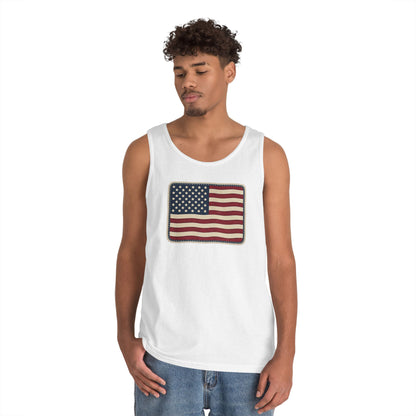 American Flag Tank Top — Vintage USA Patch "Made in USA" Sleeveless Tee