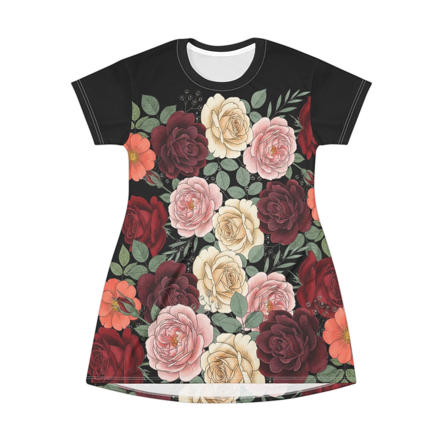 Floral Rose All-Over Print T-Shirt Dress — Vintage Garden Bouquet