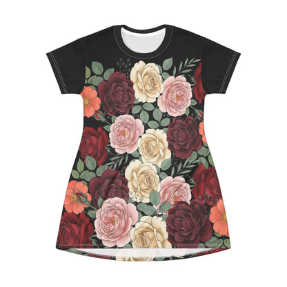 Floral Rose All-Over Print T-Shirt Dress — Vintage Garden Bouquet