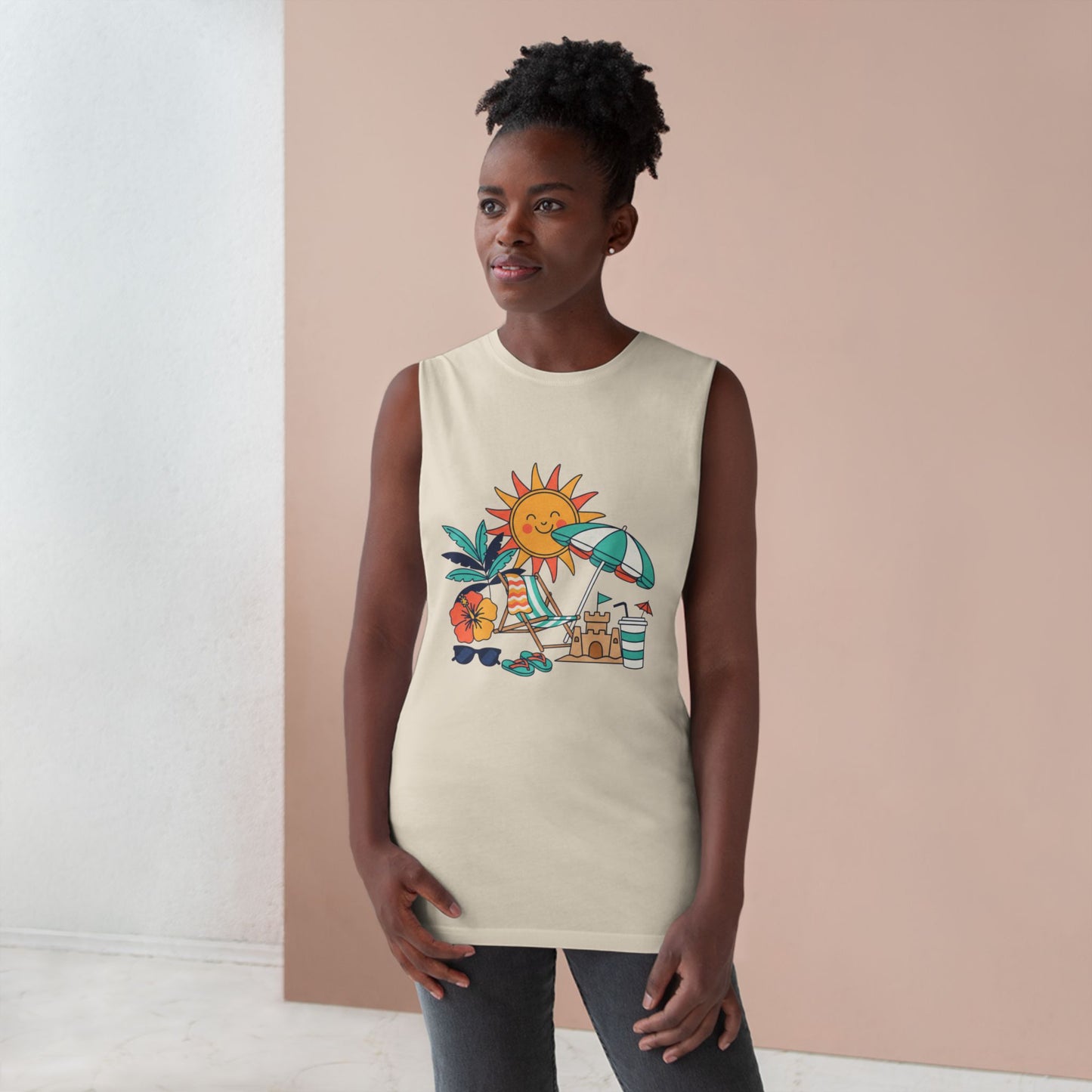 Beach Vibes Tank Top — Sunny Sun, Umbrella & Sandcastle Graphic Summer Tank