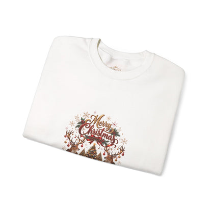 Merry Christmas Reindeer & Christmas Tree Sweatshirt – Festive Holiday Crewneck with Decorative Sleeves